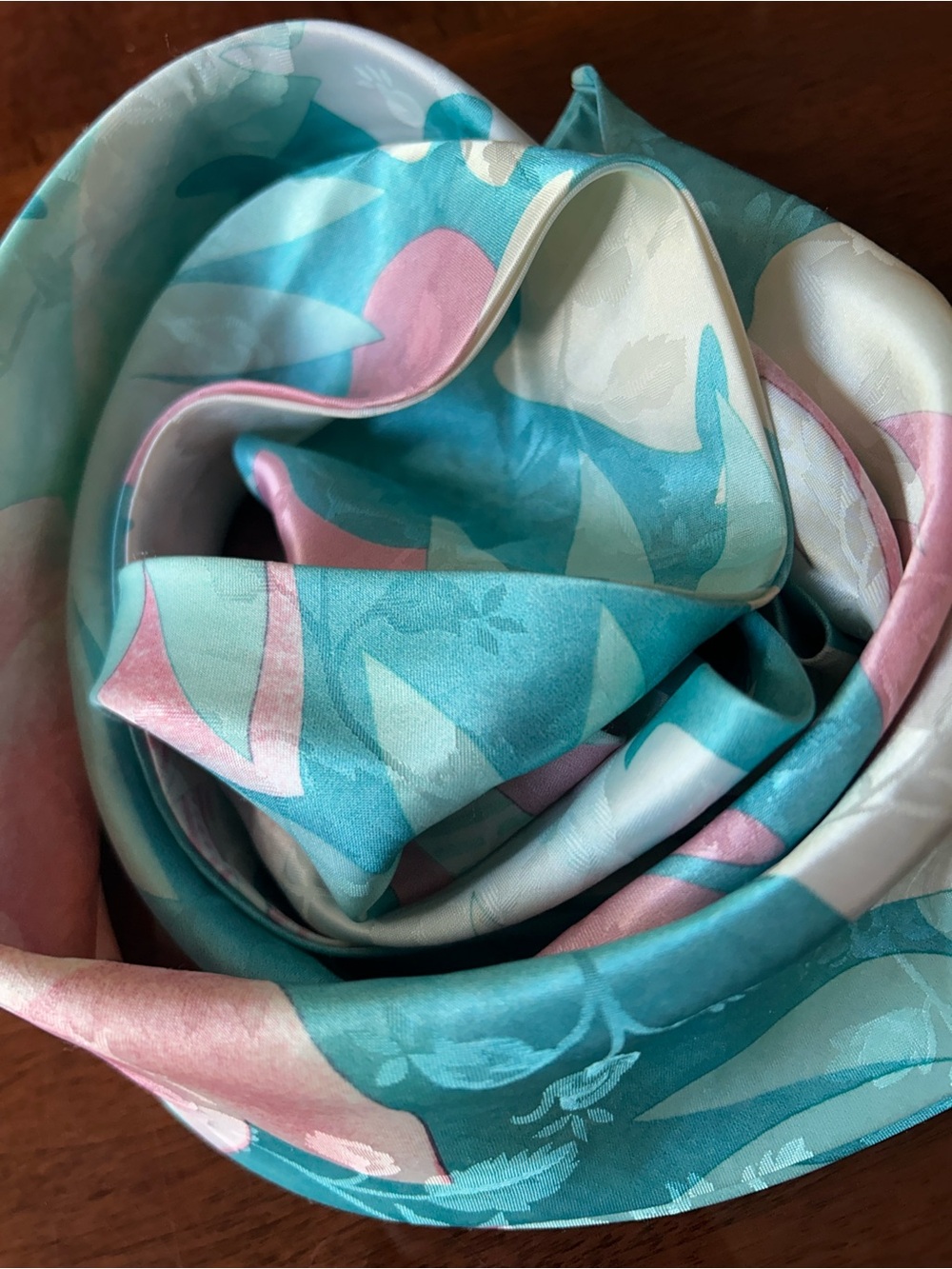Teal, Pink & Cream Floral Silk Scarf 4” by 60” tapered ends